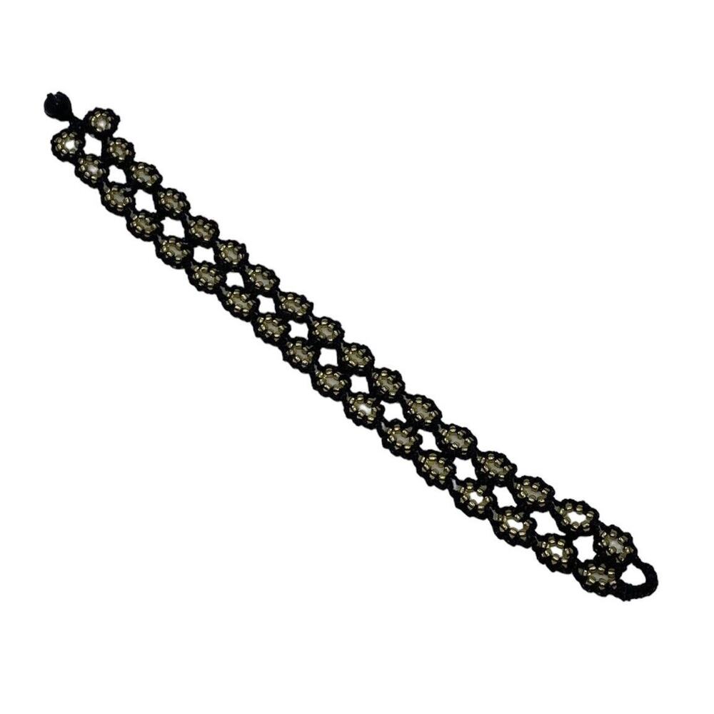Turkish Artisan Fashion Flat Crochet 7” Bracelet Black Cord Gold Round Beads - Picture 5 of 11